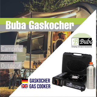 Campingkocher + Transportkoffer Kartuschenkocher Camping Gaskocher mit Piezozündung Schwarz inkl. Gaskartusche
